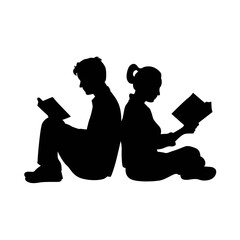 Man and woman reading book silhouette. People focused on reading interesting book