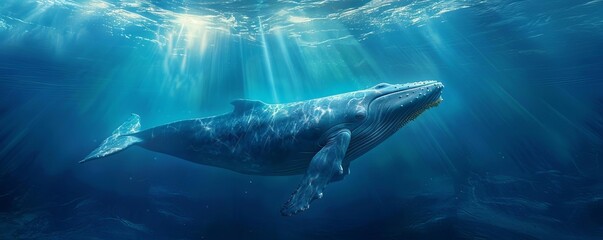 Fototapeta premium A blue whale the ocean surface