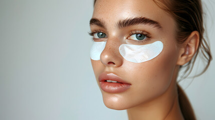 Close up portrait of Young woman with  hydrogel eye patches against a light backdrop.