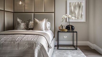 A bedroom with a chic, glass bedside table, a contemporary bedspread, and a statement wall art piece