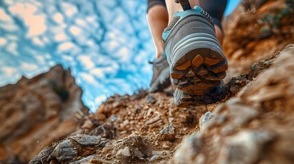 Sturdy Footwear Ascending a Dirt-covered Hill: An Authentic Photography Showcase