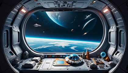 dark bright interior window out spaceship view generativespace station inside craft ship planet alien observatory shuttle earth flying saucer three-dimensional travel technology room star black blue