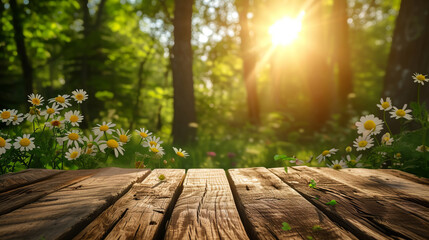 An empty wooden table in springtime in sunny rays.