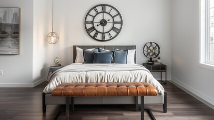 A bedroom with a chic, leather bench, a sleek bed frame, and a contemporary, oversized wall clock