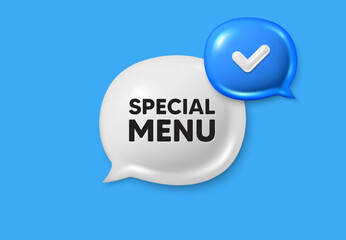 Special menu tag. Text box speech bubble 3d icons. Kitchen food offer. Restaurant menu. Special menu chat offer. Speech bubble banner. Text box balloon. Vector