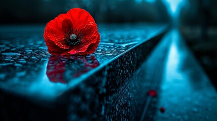 Honoring fallen heroes  red poppy close up on a solemn war memorial, a heartfelt tribute