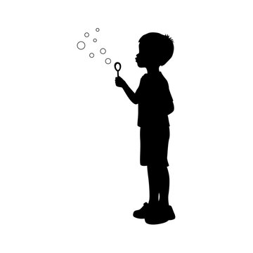 recommend clip art: Little boy blowing to make many bubbles, boy plays with soap bubbles silhouette