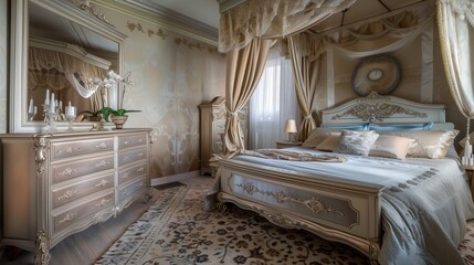 A bedroom with a chic, mirrored dresser, a luxurious bed canopy, and a soft, patterned area rug