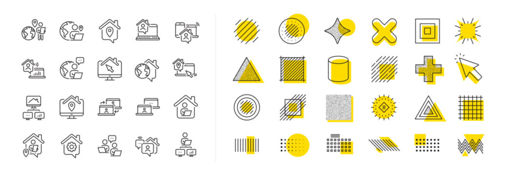 Remote worker, Freelance job, Office employee. Design shape elements. Work at home line icons. Stay at home, internet work, remote teamwork line icons. Vector