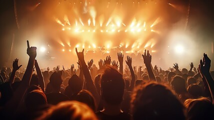 A concert scene captured from behind the audience with enthusiastic fans raising their hands in the air. The stage is brightly lit, dramatic effect with intense spotlights and smoke. Generative AI.