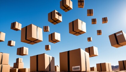 Closed and sealed cardboard boxes flying isolated on a desert background. Background image with floating boxes. Concept of delivery of goods and discounts.