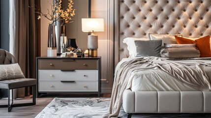 A bedroom with a chic, tufted headboard, a modern nightstand, and a luxurious, silk throw blanket