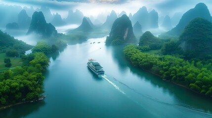 Boat Sailing Through Misty River and Karst Mountains - ai generative