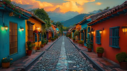 Charming Cobblestone Street with Colorful Houses at Sunset - ai generative - Powered by Adobe