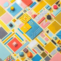 AI Generate of Background texture of Fashion Papers in Memphis Geometry Style. Yellow, blue, light blue, red and pastel pink colors. Top view, flat lay.