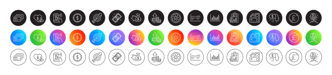 Fototapeta premium Line graph, Bitcoin pay and Bitcoin project line icons. Round icon gradient buttons. Pack of Inflation, Money, Pay icon. Target, Volunteer, Pound money pictogram. Vector