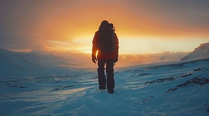 Hiker in Snowy Landscape at Sunset - ai generative