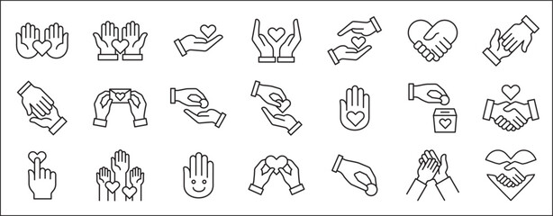 Charity and donation icon set. Aids icons. Charity hands icon. Giving hand sign. Helping hand symbol. Vector stock illustration. Collection contains symbol of volunteer, donating, compassion, funding.
