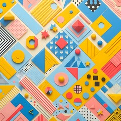 Fototapeta premium AI Generate of Background texture of Fashion Papers in Memphis Geometry Style. Yellow, blue, light blue, red and pastel pink colors. Top view, flat lay.