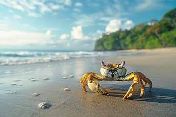 Obraz premium A closeup of a crab on the beach with the ocean in the background.