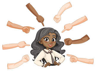 Illustration of hands pointing at a smiling woman