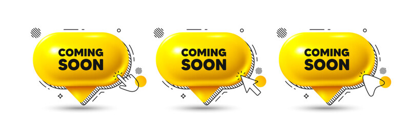 Chat speech bubble 3d icons. Coming soon tag. Promotion banner sign. New product release symbol. Coming soon chat offer. Speech bubble banners. Text box balloon. Vector