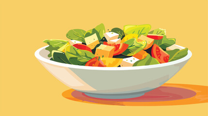 Bowl with tasty vegan Caesar salad on yellow background
