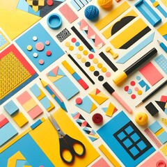 AI Generate of Background texture of Fashion Papers in Memphis Geometry Style. Yellow, blue, light blue, red and pastel pink colors. Top view, flat lay.