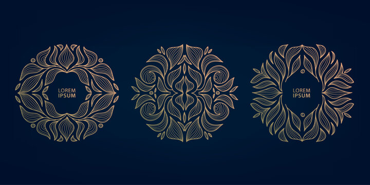 .Vector luxury golden logo, flower monogram, line leaf emblem. Elegant label, round frame, royal organic border. Pattern for tea, perfume, wine, wedding, boutique