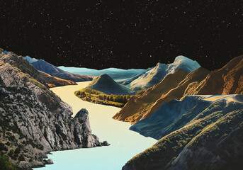 Surreal collage illustration made of torn pieces of vintage photos. Cut out fragments. Contemporary dadaism art. River flowing through mountains. Chill mood