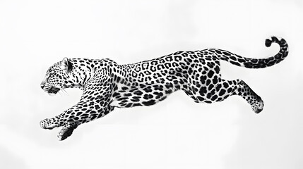 Jumping leopard black and white ink illustration isolated on white background