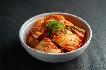 Bowl of kimchi on a dark slate background, vibrant red hues