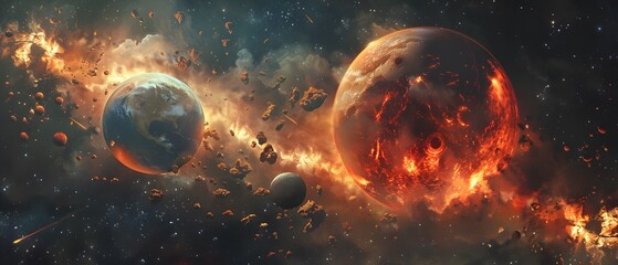 The planet and the red moon in the center of the image. Surrounded by rocks, smoke, flames, and stars against a grand space background. It is a work that gives the feeling of the end of a planet.