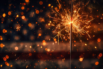 Obraz premium A sparkler is lit in front of a red, white, and blue American flag