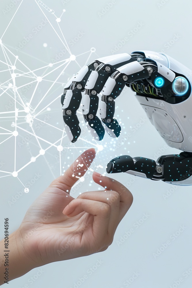Poster robot and human hands touching on a network connection background with big data flow
