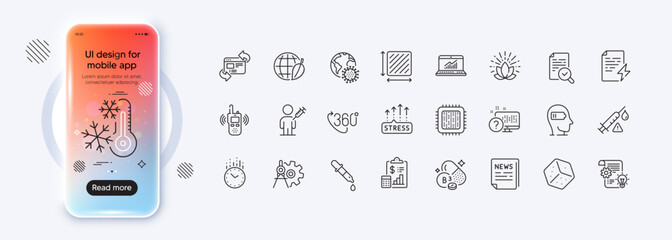 Fake news, Vaccine attention and Lotus line icons for web app. Phone mockup gradient screen. Pack of Square area, Weariness, Online quiz pictogram icons. Vector