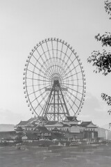 A ferris wheel in front of a building.