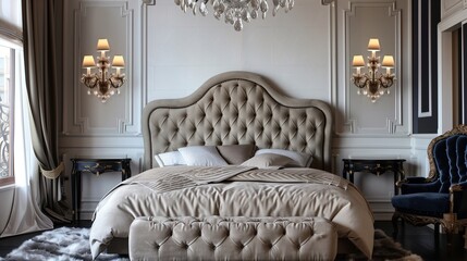 A bedroom with a luxurious, oversized upholstered headboard, elegant sconces, and a plush velvet armchair