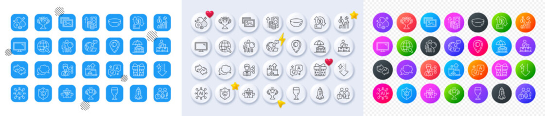 Winner cup, Inflation and Salary line icons. Square, Gradient, Pin 3d buttons. AI, QA and map pin icons. Pack of Outsource work, Online storage, Monitor icon. Vector