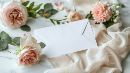 Blank mockup, wedding invitation, invitation is 5 by 7 inch, dreamy romantic feel, modern elegance, pops of color, high detail, photograph, photo realistic