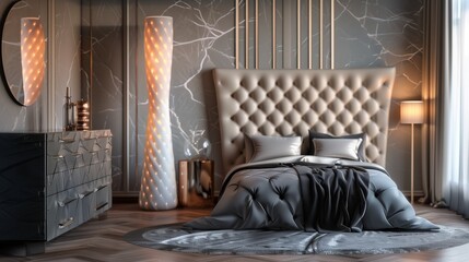 A bedroom with a luxurious, tufted headboard, a stylish dresser, and a modern, sculptural floor lamp