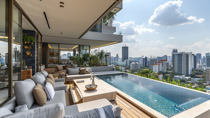 Fototapeta premium An outdoor rooftop terrace of an apartment building in Bangkok, featuring grey sofas and a seating area around the pool with a glass ceiling. The view outside is of the cityscape. Generative AI.