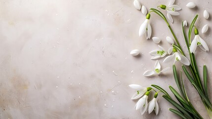spring flowers snowdrops on a light background ,space for copy space ,Spring flowers cherry blossom on gray marble background ,Flat lay composition with lily flowers on light background
