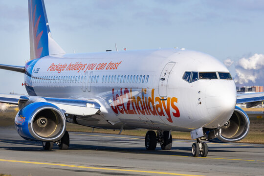 Salzburg, Austria - January 27, 2024: Boeing 737-800 of british holiday airline Jet2 on the taxiway in Salzburg transporting ski tourists