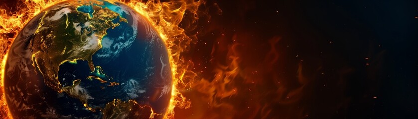 Fototapeta premium Earth Surrounded by Flames Highlighting Global Warming and Climate Change 