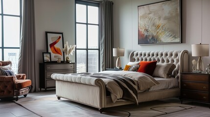 A bedroom with a luxurious, upholstered bed frame, a stylish dresser, and a contemporary art piece