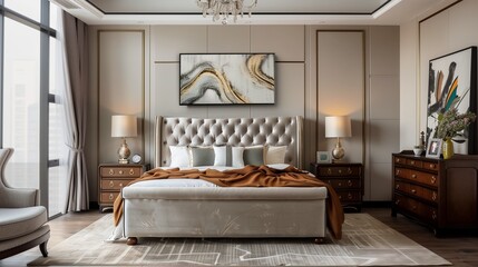 A bedroom with a luxurious, upholstered bed frame, a stylish dresser, and a contemporary art piece