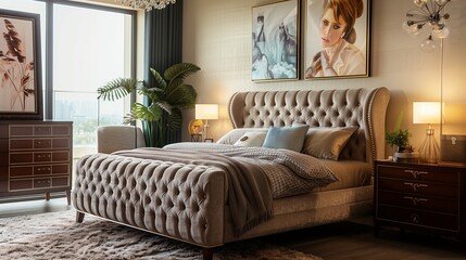 A bedroom with a luxurious, upholstered bed frame, a stylish dresser, and a contemporary art piece