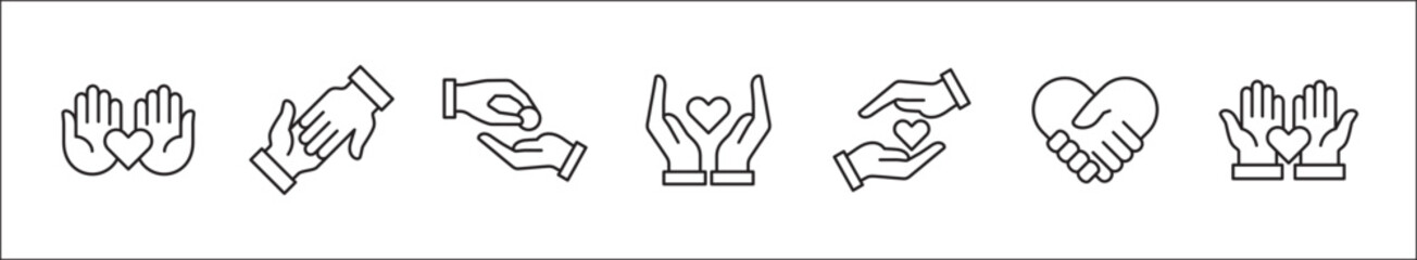 Charity and donation icon set. Aids icons. Charity hands icon. Giving hand sign. Helping hand symbol. Vector stock illustration outline style design resource for button and website.