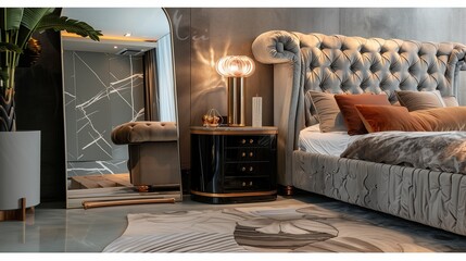 A bedroom with a luxurious, velvet-upholstered bed, a chic nightstand, and a modern, floor-standing mirror